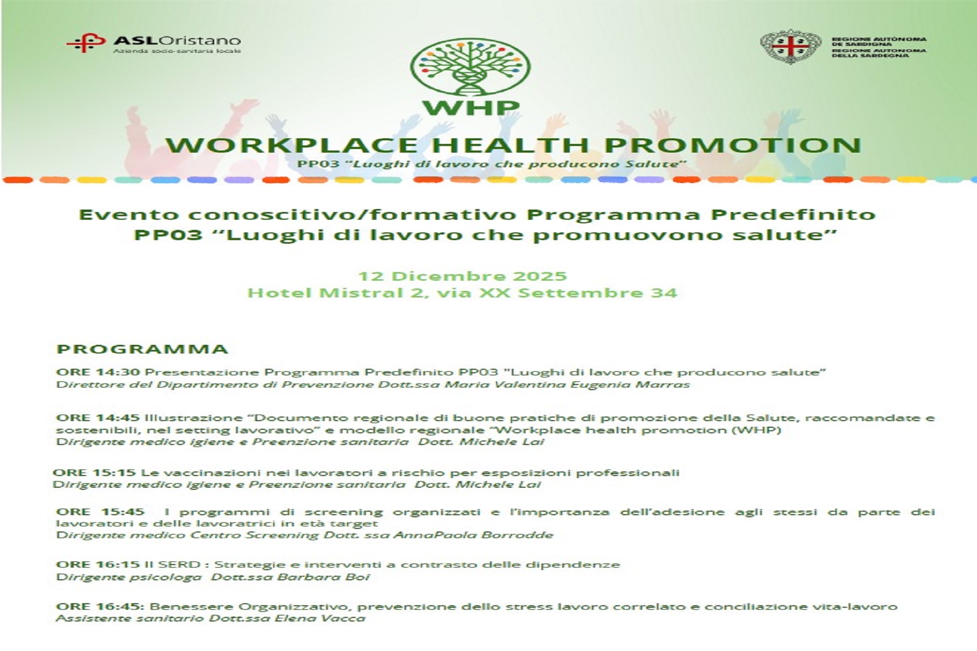 Oggi 12 dicembre evento formativo ad Oristano sui “Luoghi di lavoro che promuovono salute”