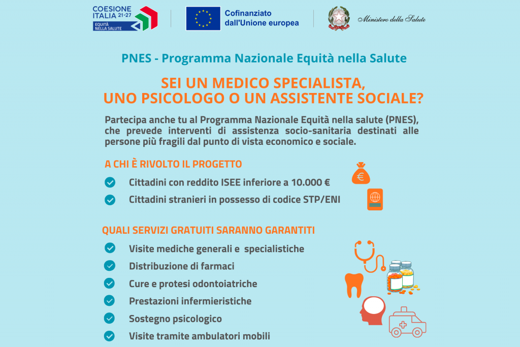 Ricerca di medici, psicologo, assistente sociale e autista per il Programma nazionale equità nella salute