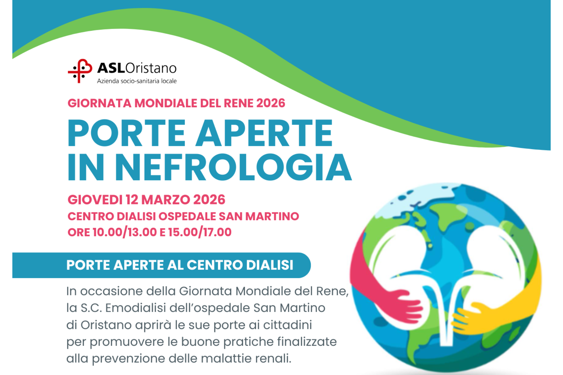 “Porte aperte in Nefrologia”: screening gratuiti giovedì 12 marzo al Centro Dialisi di Oristano