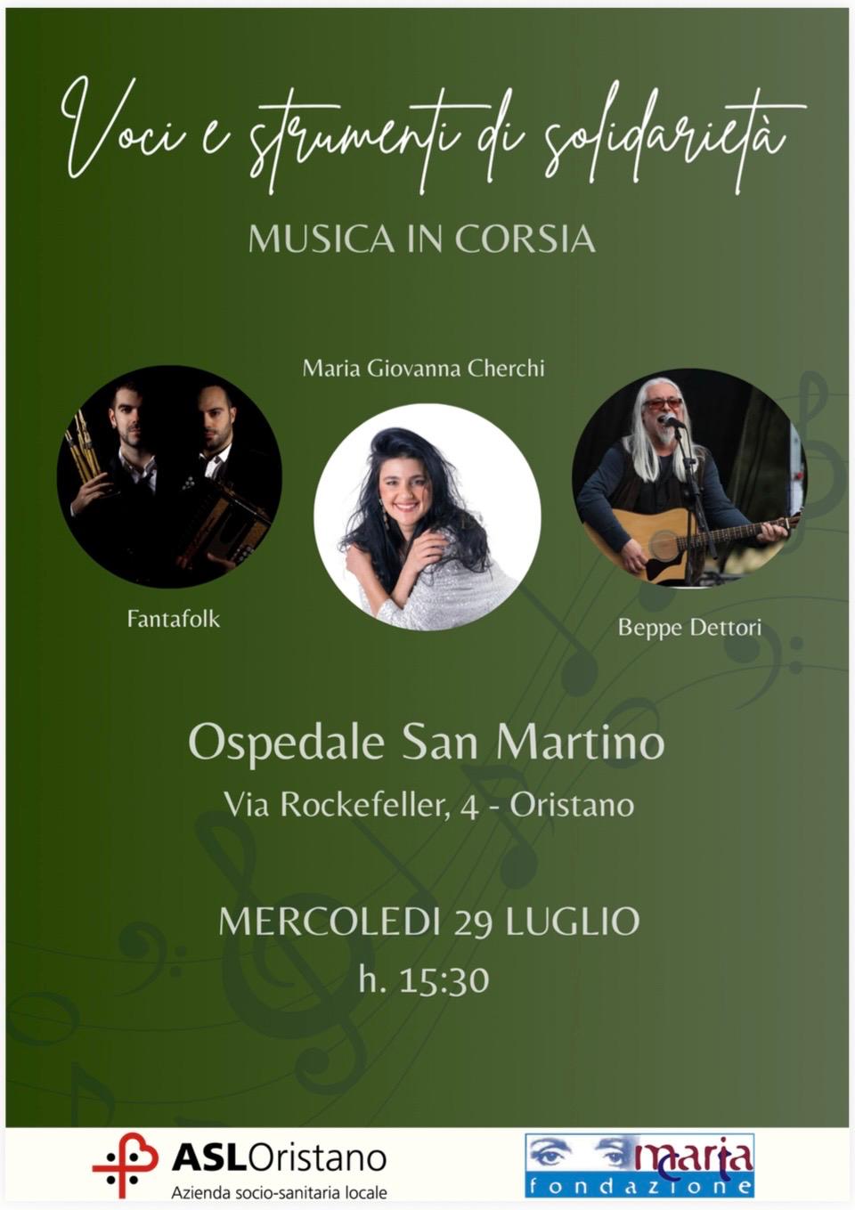 “Voci e strumenti di solidarietà”, mercoledì 29 luglio la musica della Sardegna all’Ospedale San Martino di Oristano